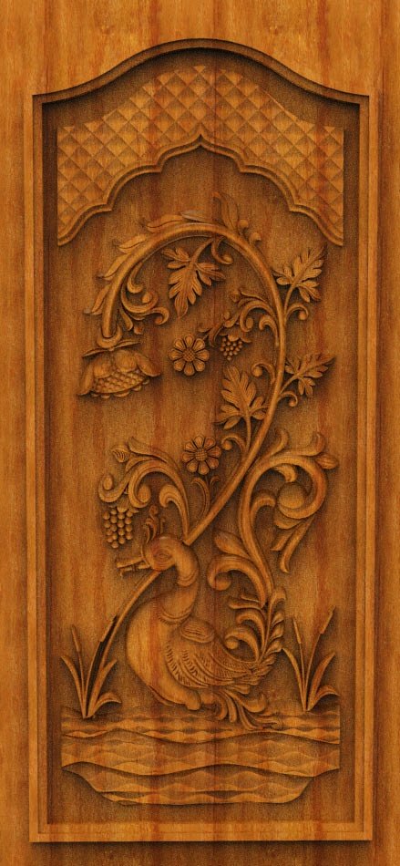 3D DOOR - OAK-16 Traditional Peacock and Floral Motif Carved Wood Panel